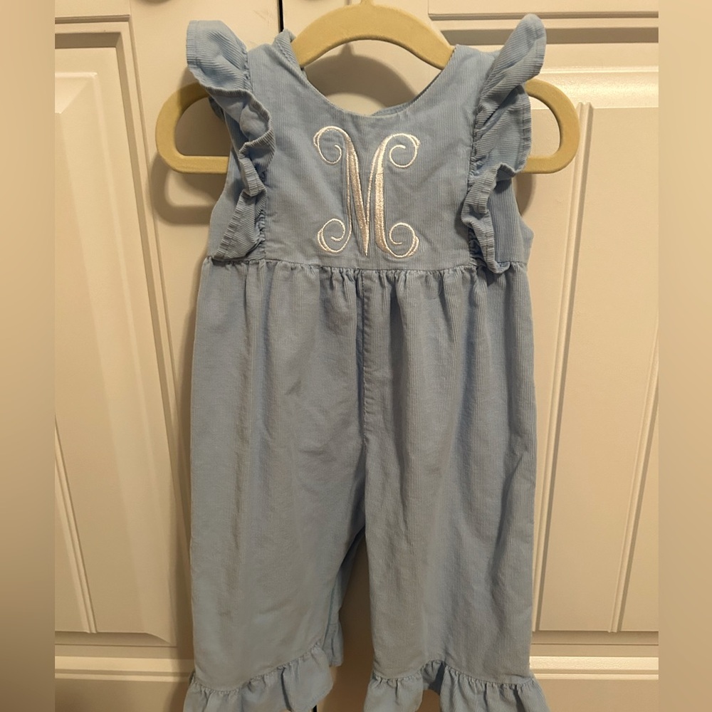 Girls monogram “M” light blue romper - baby girls size 12 months